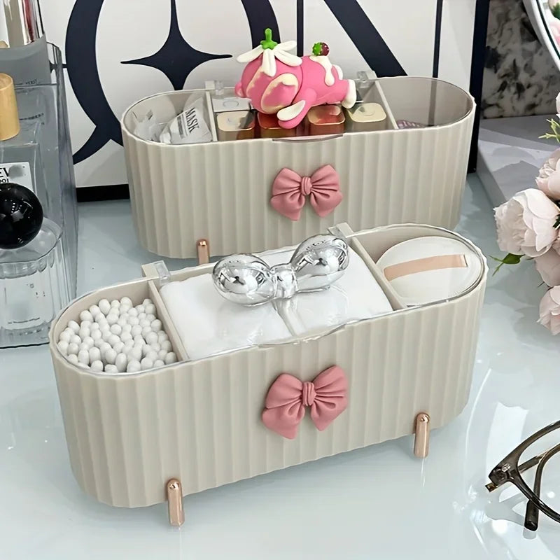 boîte rangement cosmétique moderne beiges rayures clips dorés brosse maquillage accessoires trousse poudre écouvillons