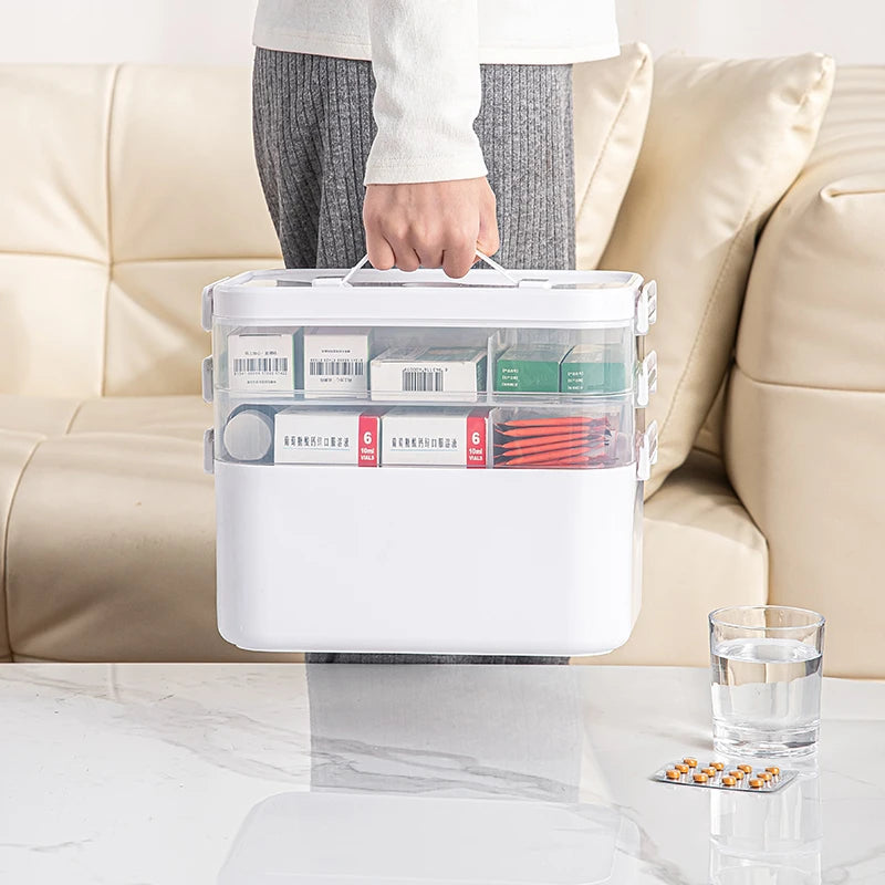 boîte rangement médicaments transparente moderne réutilisable respectueuse environnement poignée inclusée blanc