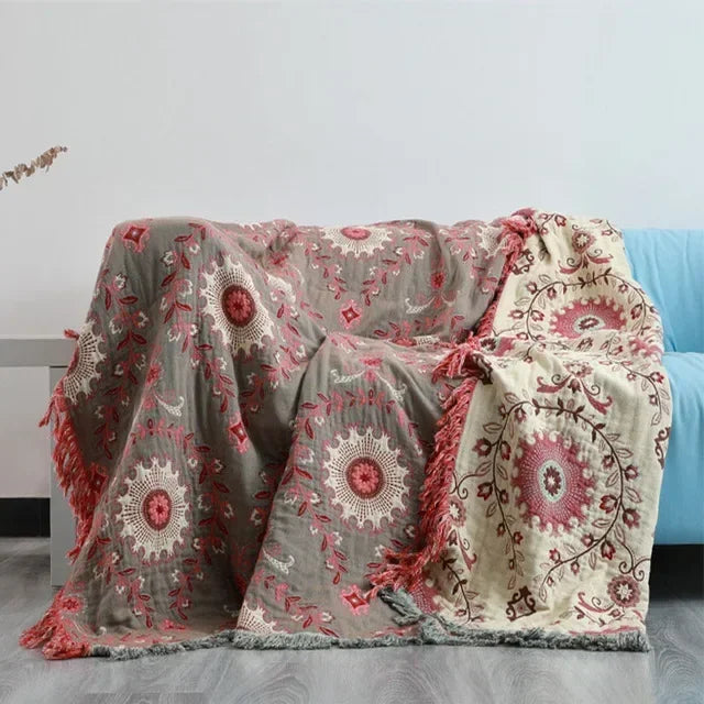 couverture coton boho chic motif floral orange bleu beige printemps automne anti boulochage utilisation