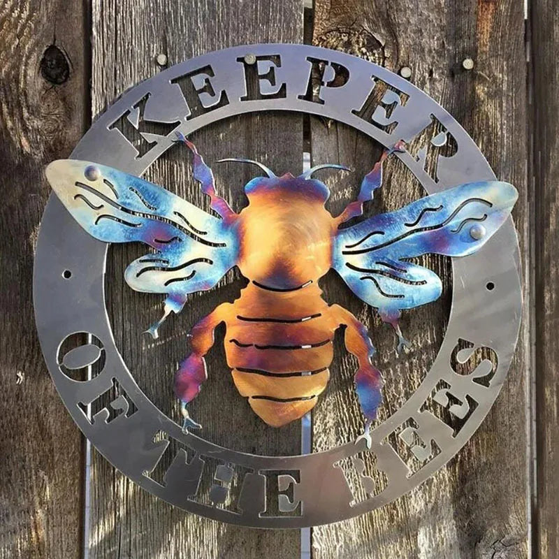 plaque murale métallique abeille coeur or bleu violet moderne artisanal oeilletsKeeperOFtheBEE MINE
