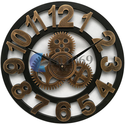 Horloge murale industrielle vintage avec engrenages visibles et chiffres romains noirs
