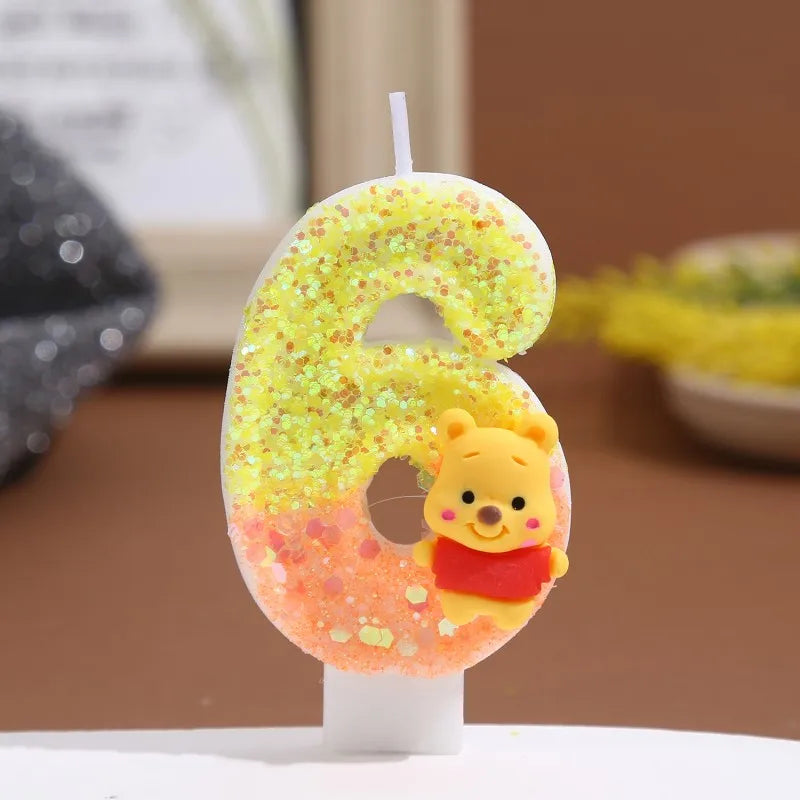 bougies anniversaire chiffre winnie ourson sequins dorés jaune orange blanc