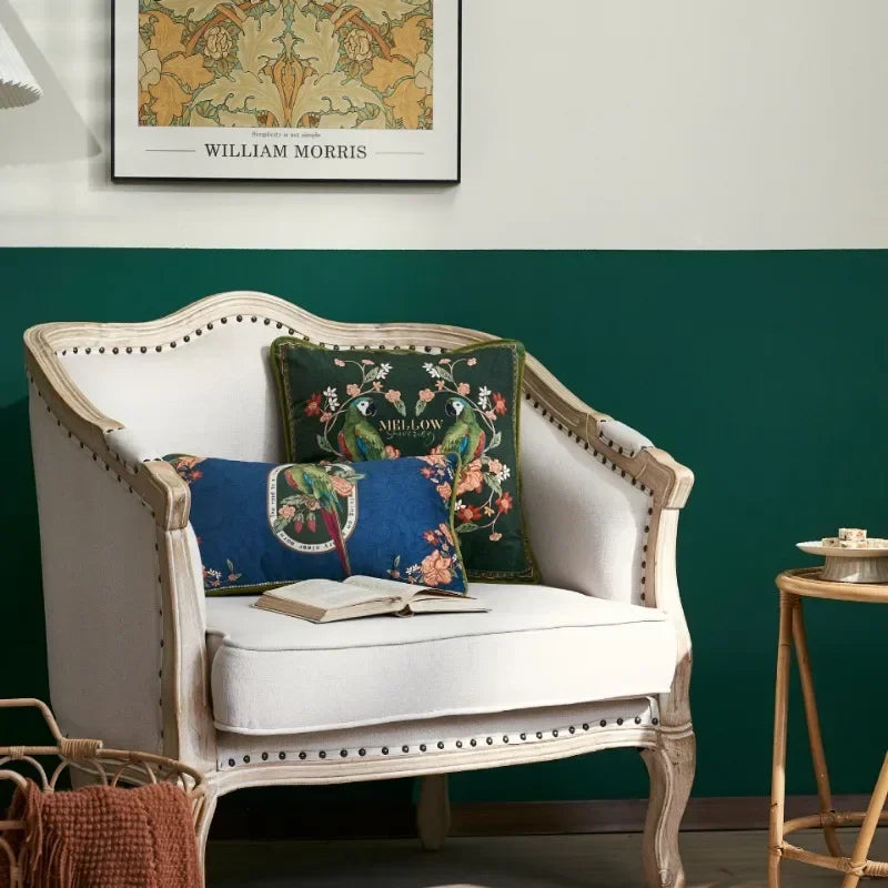 housse coussin imprimée perroquet oiseaux fleurs polyester coton lit carré vintage bleu vert rose