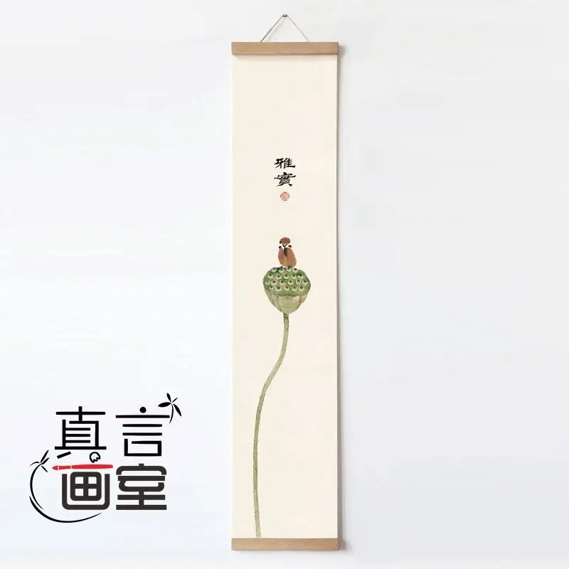 toile suspendue fleurs lotus art traditionnel beige clair rose verte noire rouge insectes texte