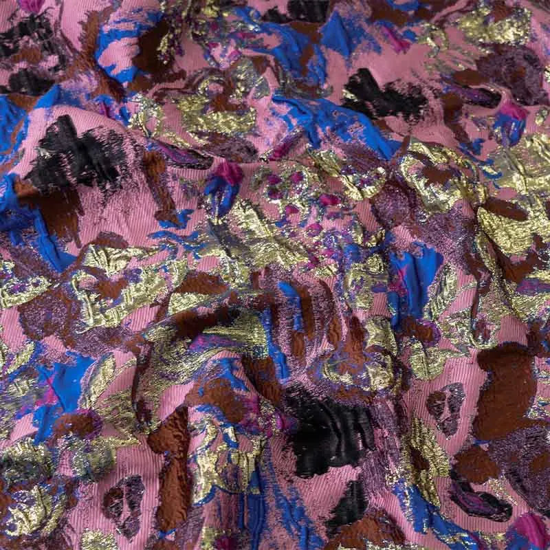 tissu polyester jacquard abstrait rose bleu marron or semi transparent bohème chic couture décoration