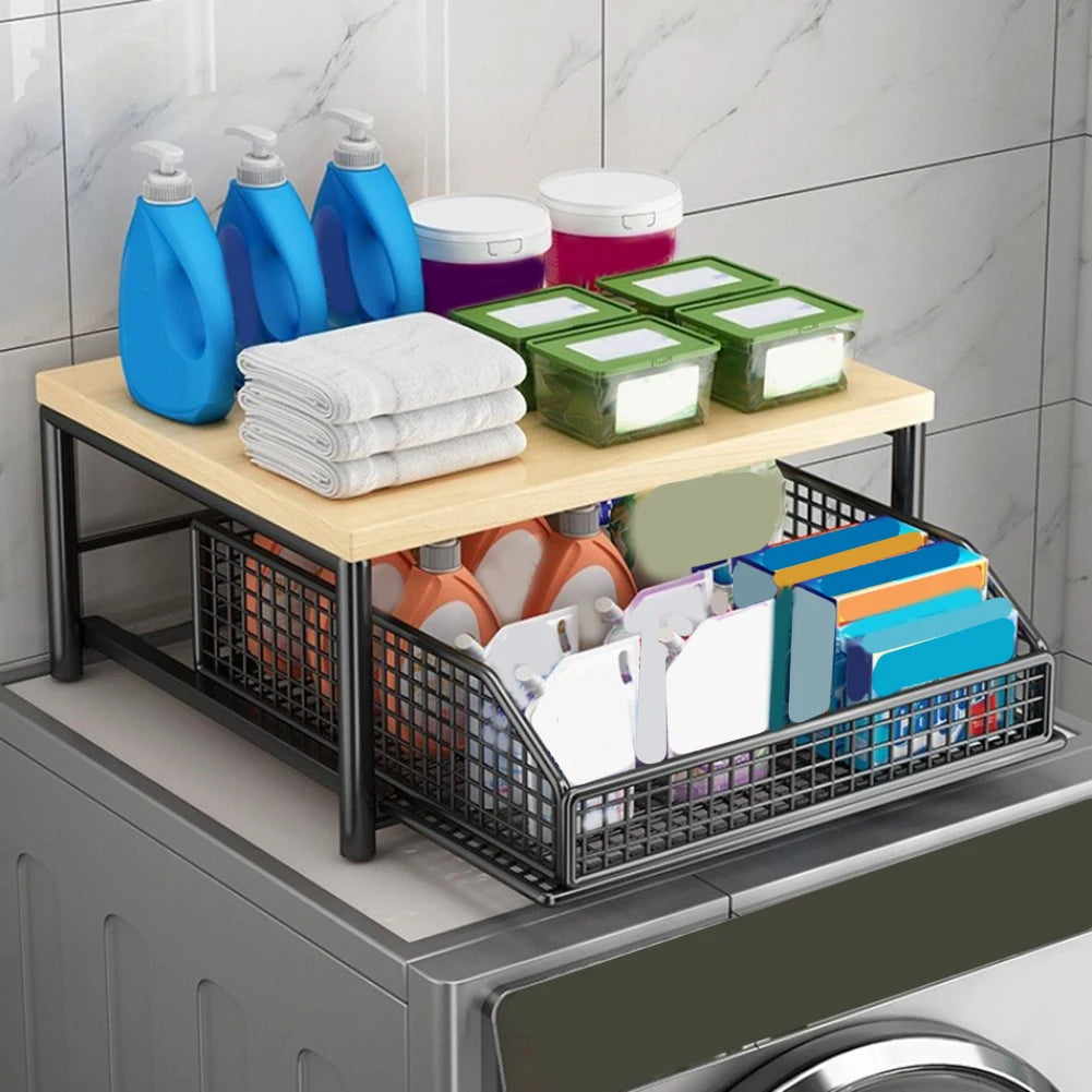 organisateur comptoir acier blanc noir paniers coulissants plateau imitation bois rangement cuisine étagère multifonction