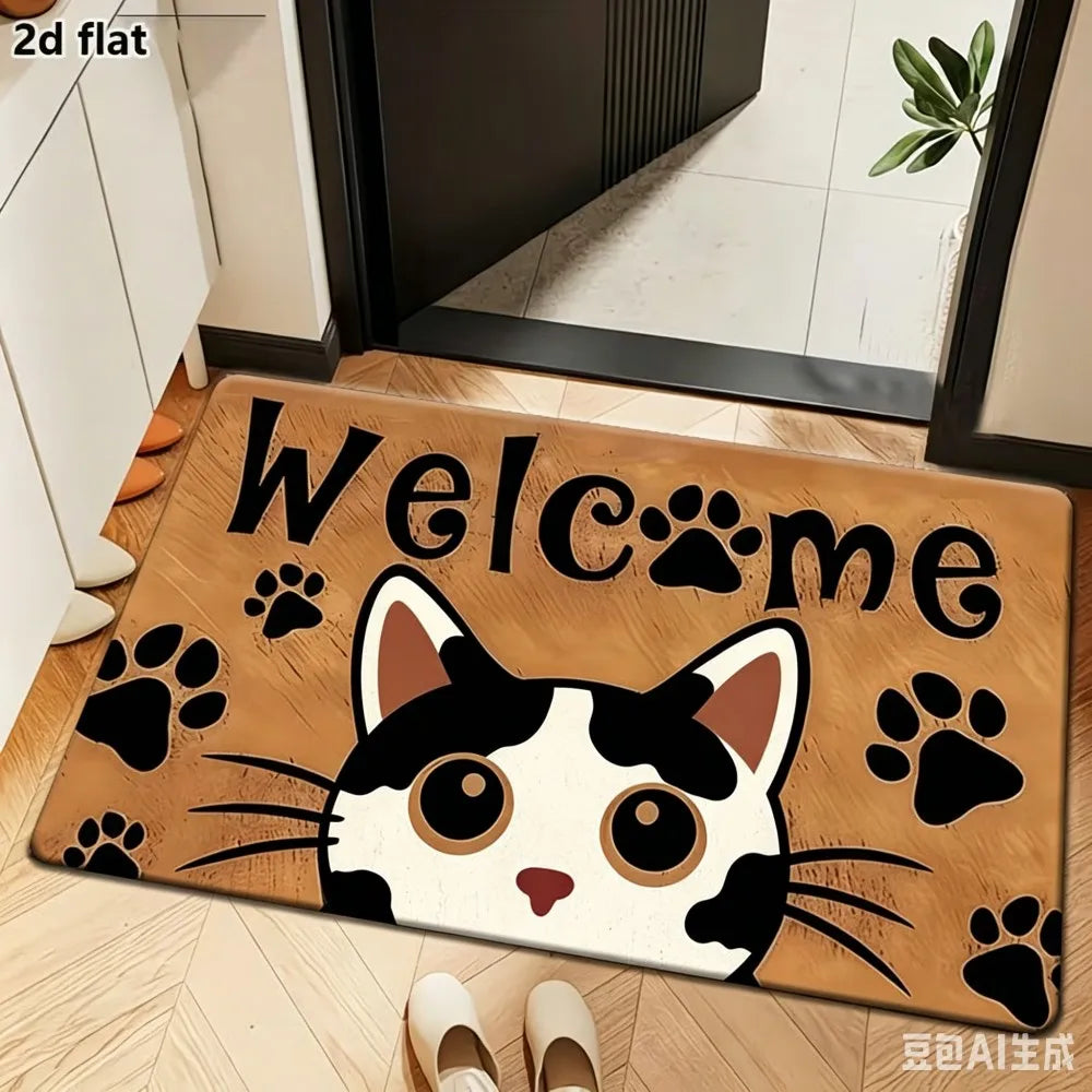 tapis d'entrée moderne chat welcome noir orange entrée extérieure résistant rides polyester