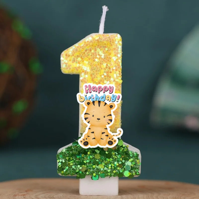 bougies anniversaire numérotées or pailleté vert blanc décoratives fêtes enfants tigre mignon happy birthday