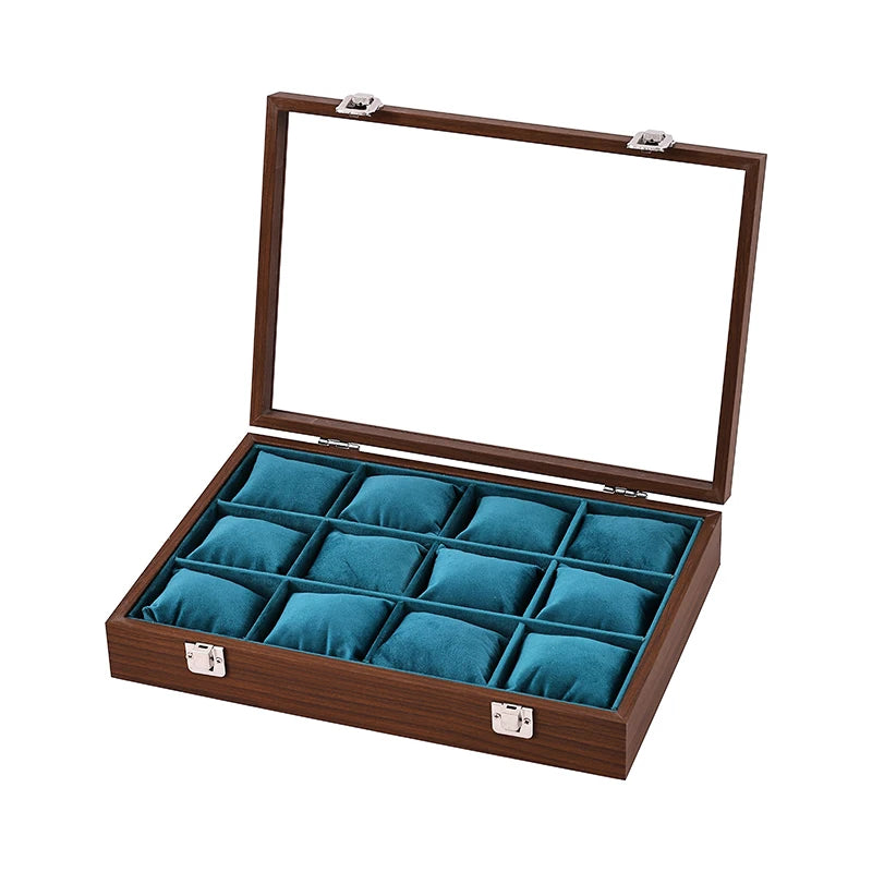 boîte montres boites 12 emplacements verre transparent moderne poignées métalliques coussinets doux rangement sécurité