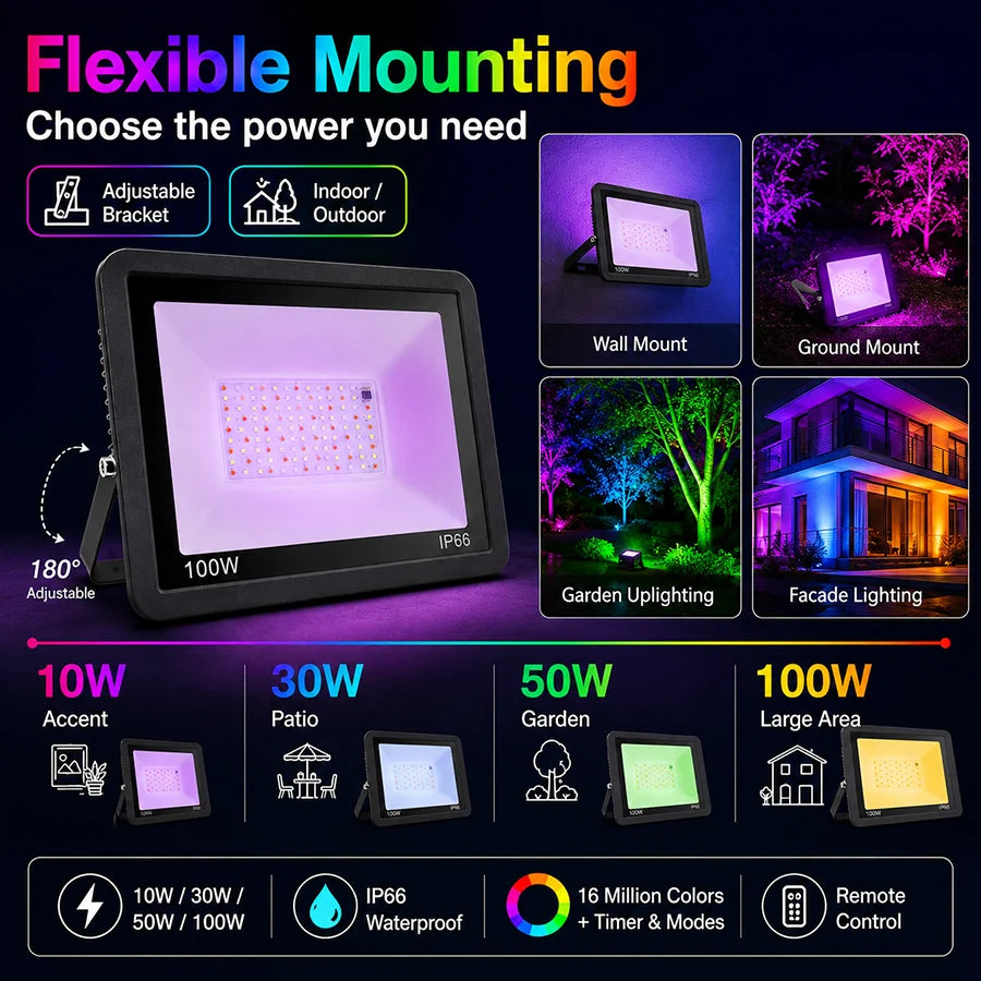 projecteur led rgb 100w ip66 waterproof modernes changement couleur modes dynamiques contrôle luminosité