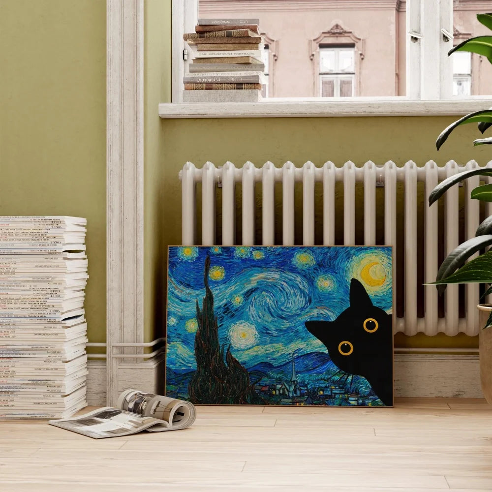 tableau moderne nuit étoilée van gogh chat noir toile sans cadre décoration murale pop