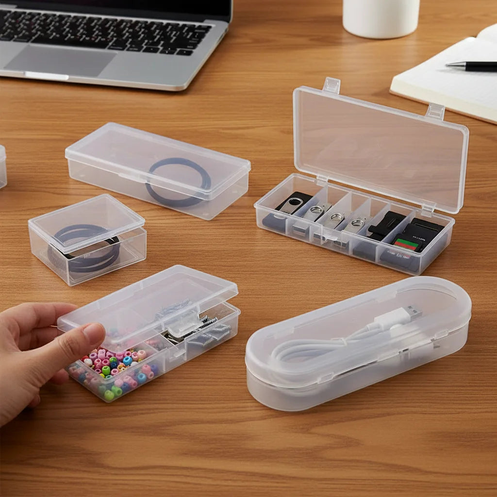 boîtes rangement transparentes clips bijoux multicolores pièces métalliques modernes respectueux environnement
