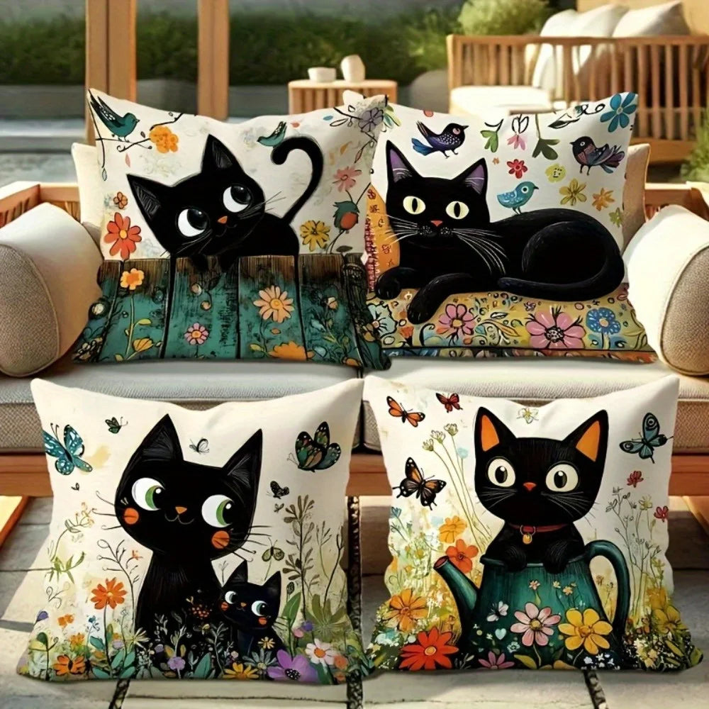 coussin illustration chats noirs fleurs polyester peacheskin 40x40cm 45x45cm 50x50cm 60x60cm