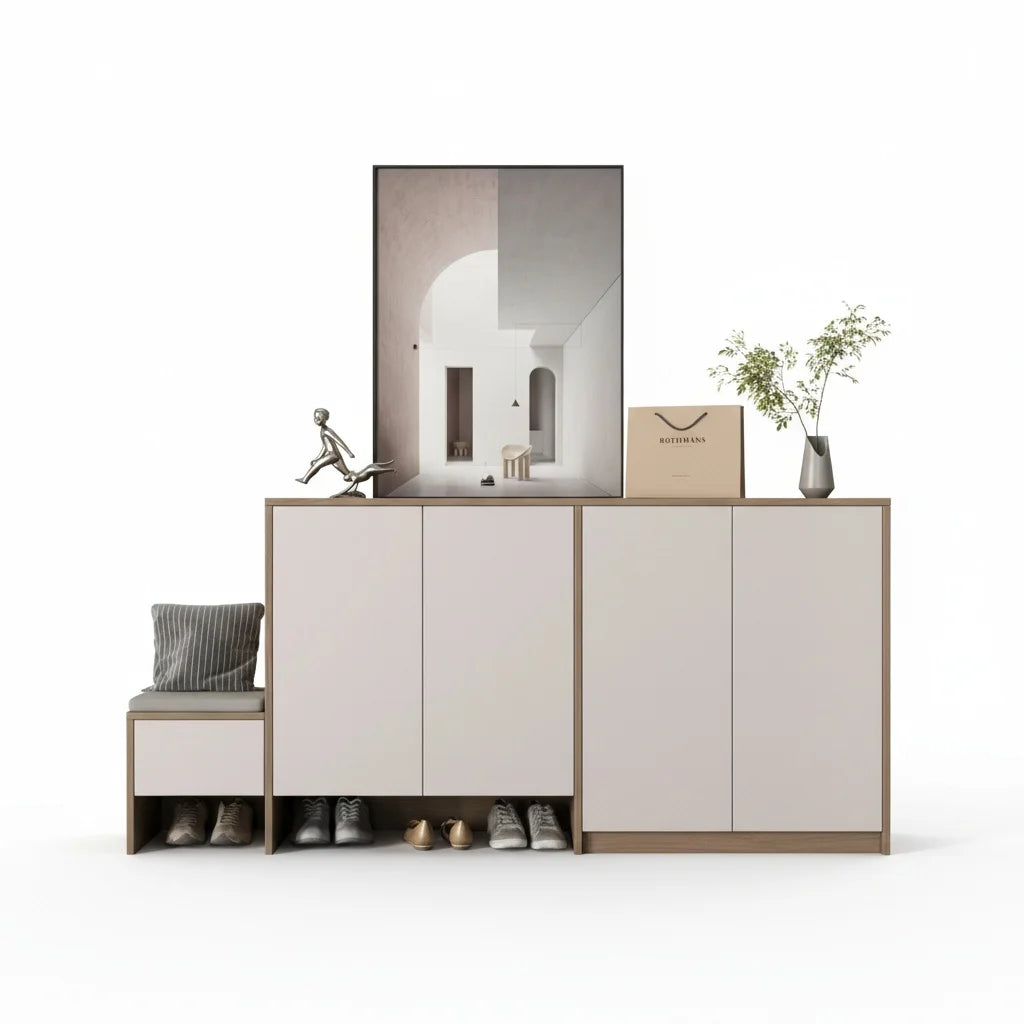 rangement chaussures meuble gris clair tiroirs lisses plateau verre moderne pieds métalliques tapis noir