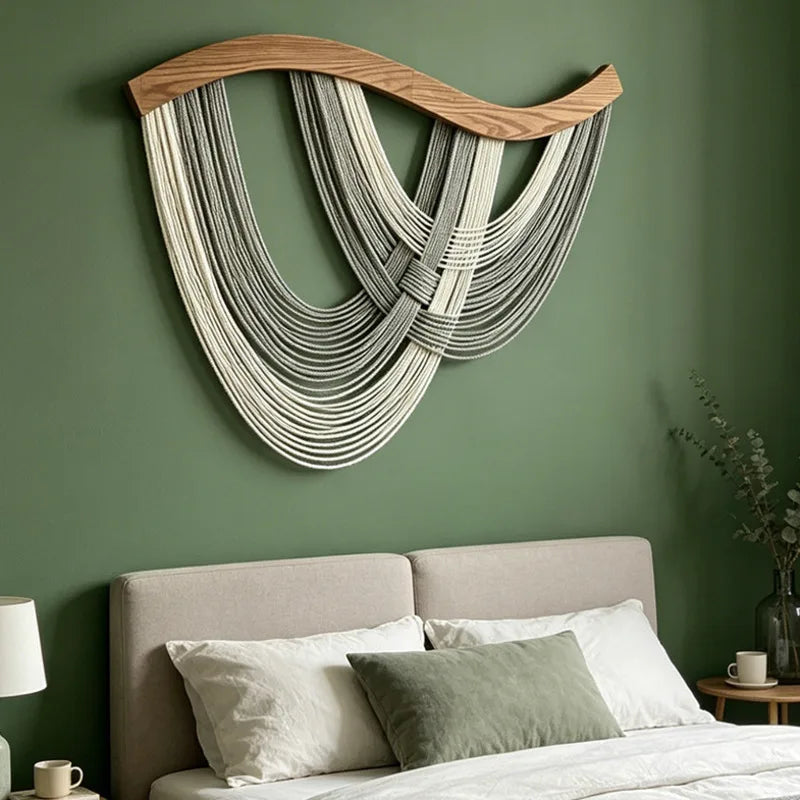 tapisserie murale macramé coton spirales bois moderne abstract salon chambre decoration mur