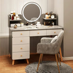maquillage moderne tiroirs miroir plateau gris tiroirs blancs pieds bois naturel