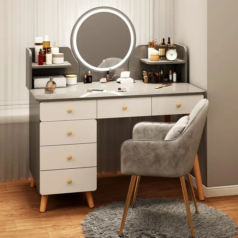 maquillage moderne tiroirs miroir plateau gris tiroirs blancs pieds bois naturel