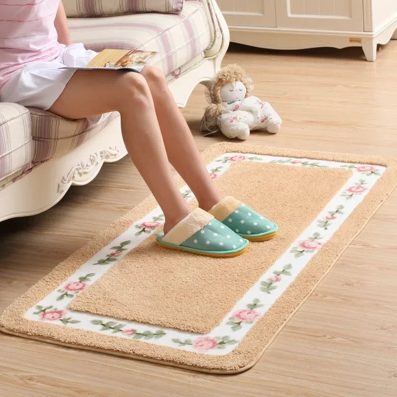 tapis sol fleurs roses feuilles vertes doux moelleux rose clair vert beige classique confortable