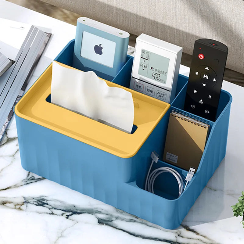 boîte mouchoirs multifonction bleu jaune moderne rangement accessoires smartphone crayons clés papier toilette