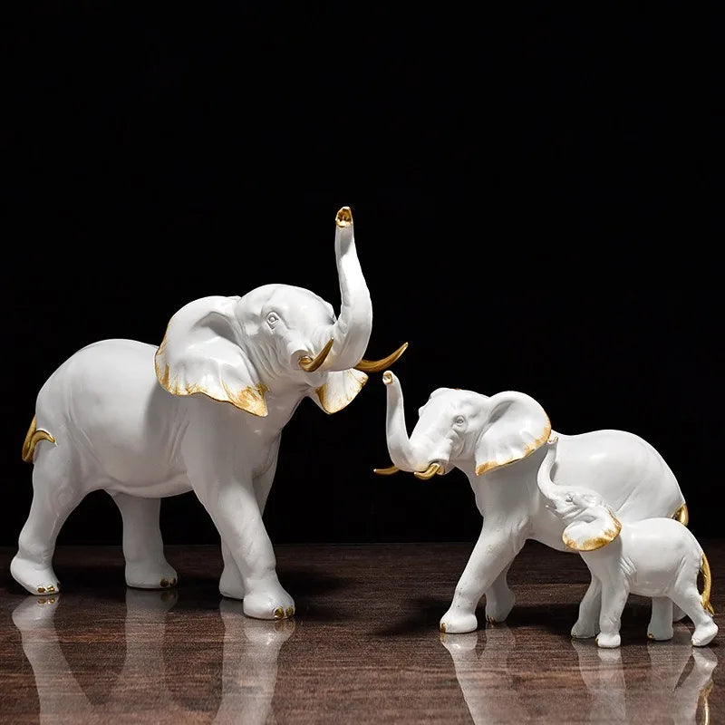 statues éléphants résine blanc noir or détails dorés classique élégant animal compagnie feng shui