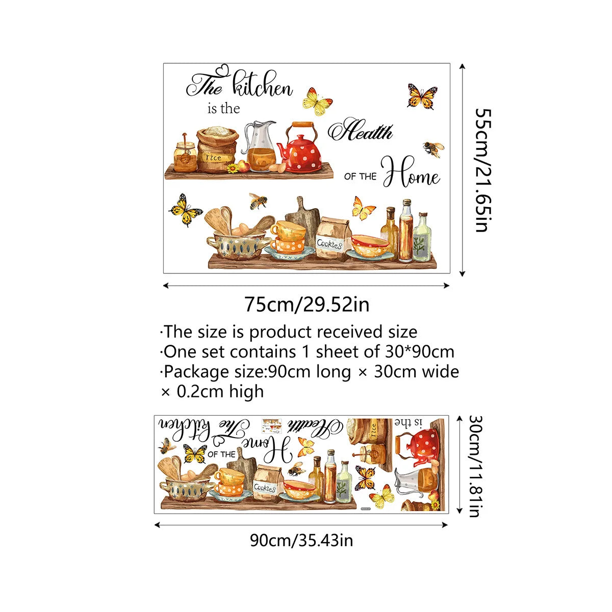 sticker mural cuisine multicolore ustensiles aliments papillons adhésif illustration réaliste maison