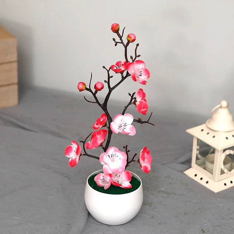 plantes artificielles branche fleurs rouge rose blanc simple feuilles pot blanc