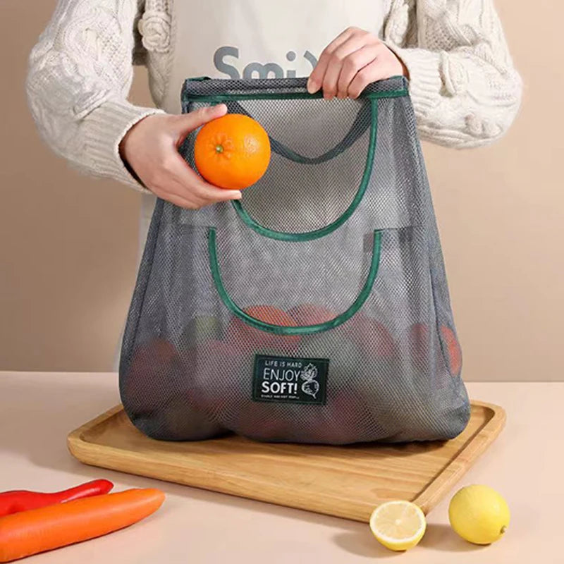 sac rangement maille gris vert moderne poignées crochets LIFE IS HARD ENJOY SOFT
