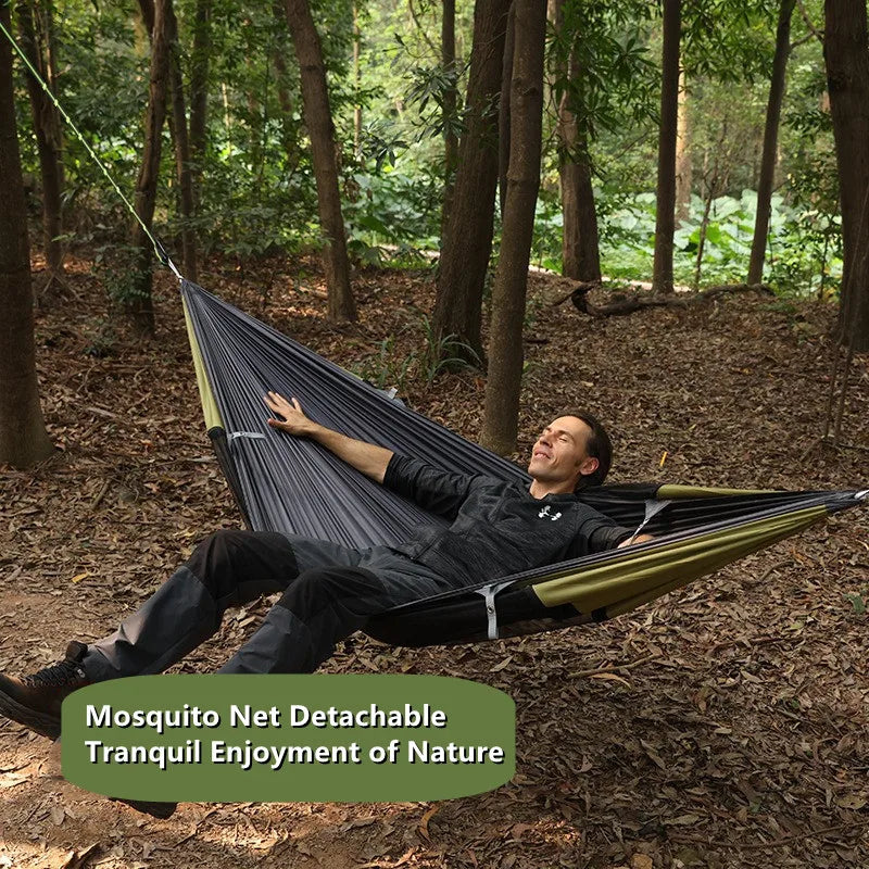 hamac extérieur adulte vert olive noir moderne moustiquaire sac rangement cordon suspension tiges support