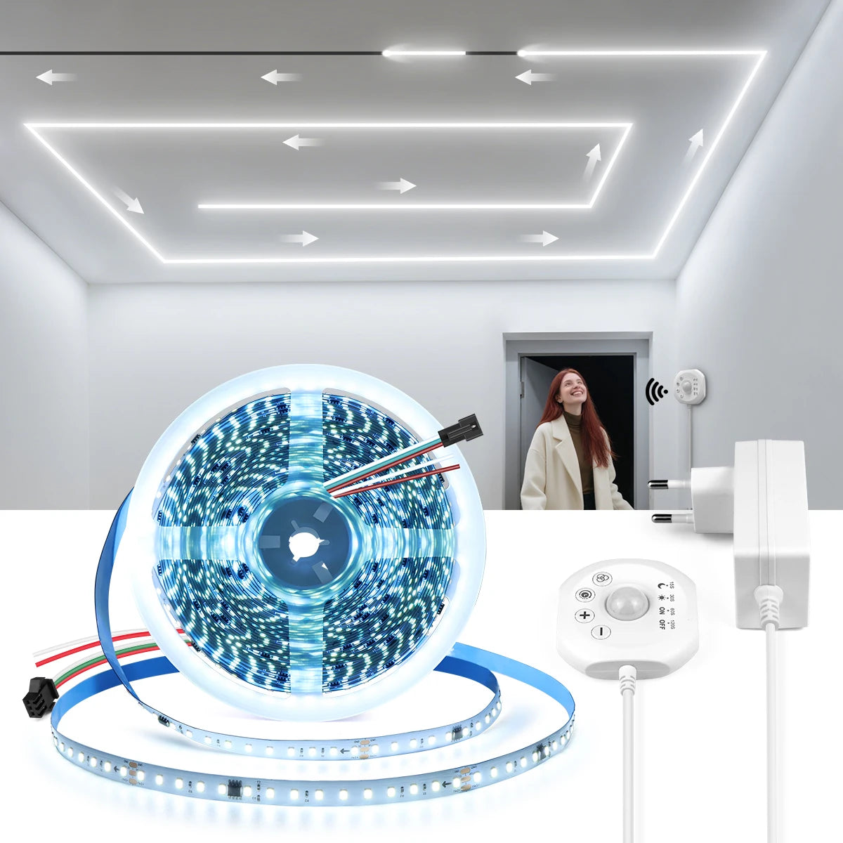 ruban led blanc jaune adhésif points lumineux réguliers moderne capteur mouvement 12v flux lumineux