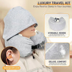 coussin voyage capuche gris confortable mousse mémoire forme cale oreillettes ceinture sécurité lit couchage