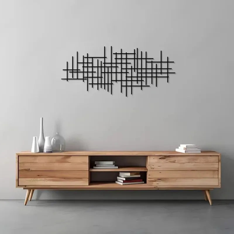 décoration murale moderne sculpture métal noir lignes horizontales verticales abstrait irregulier