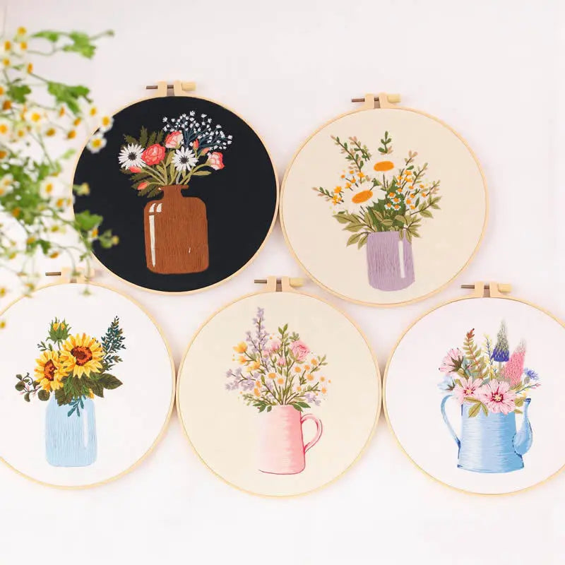 broderie fleur artisanale kit diy tissu coton couleurs vives instructions françaises anneaux bois