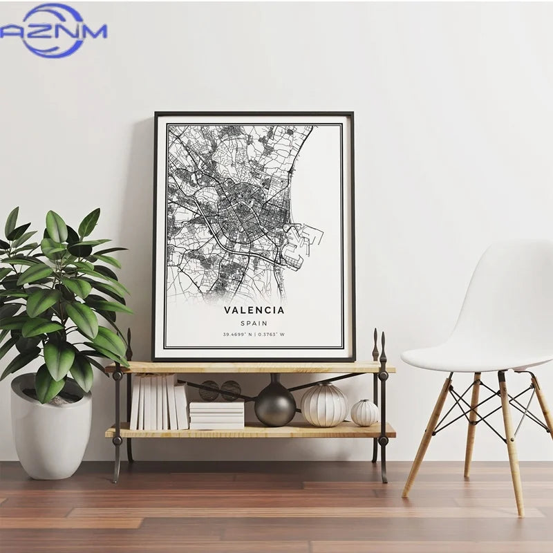 affiche ville valence noir blanc cartographique moderne décoration murale toile carrée aquarelle minimaliste:frame