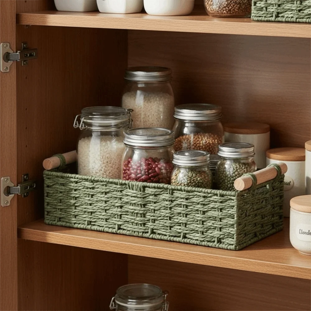 panier tressé rustique réutilisable fleurs artificielles vases diffuseurs parfum papier toilette serviettes bouteilles télécommandes
