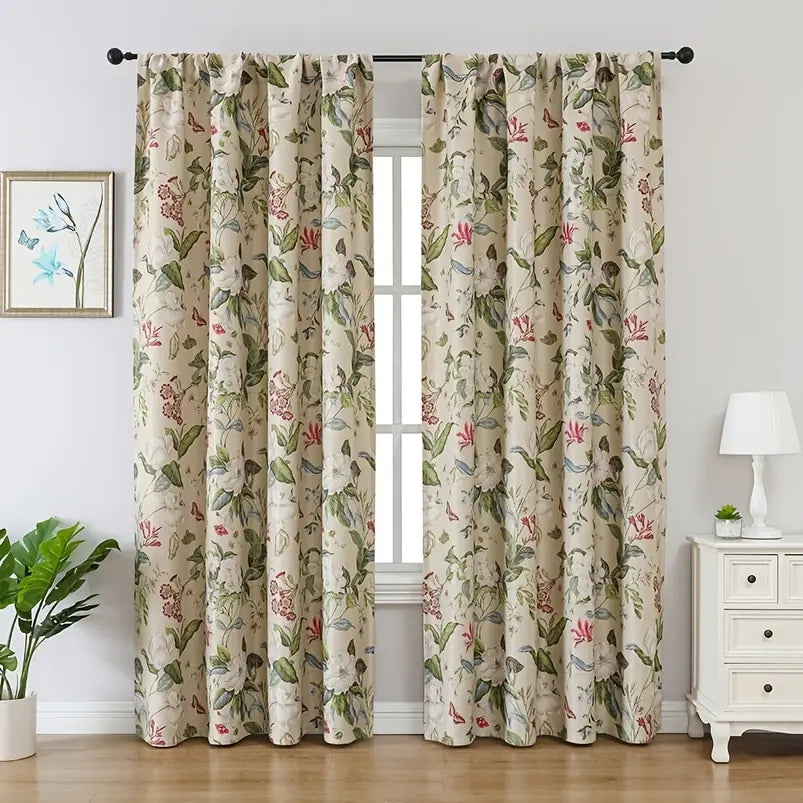 rideau pastoral fleurs papillons beige vert rouge opacité anti poussière réduction bruit fenêtre française