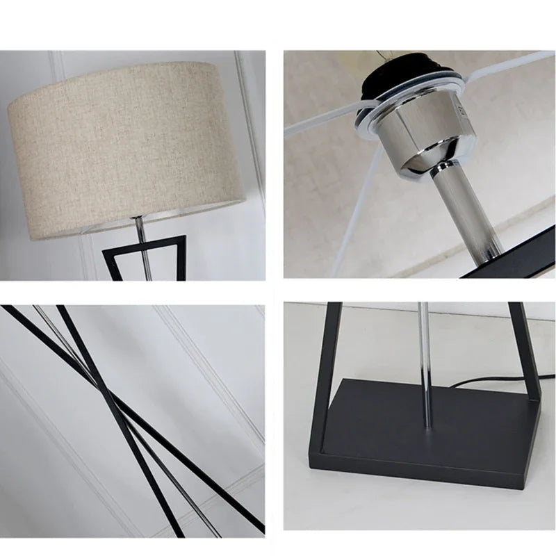 lampe sol moderne abat jour tissé structure géométrique noir doré led minimaliste