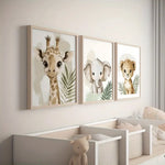 Toile d'art animaux safari illustration girafe éléphant lionceau verte chambre enfant sans cadre 30x45cm