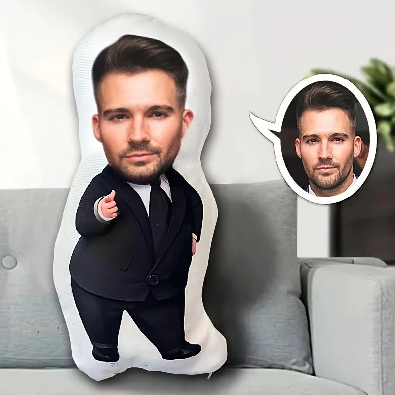 coussin personnalisé imprimé photo personne costume blanc noir créatif