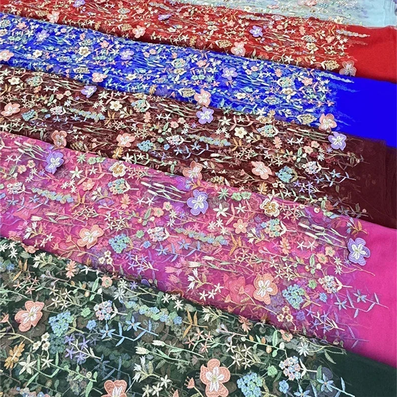 tissu brodé floral semi transparent polyester multi couleurs occasion quotidien tulle 3d embossé trame