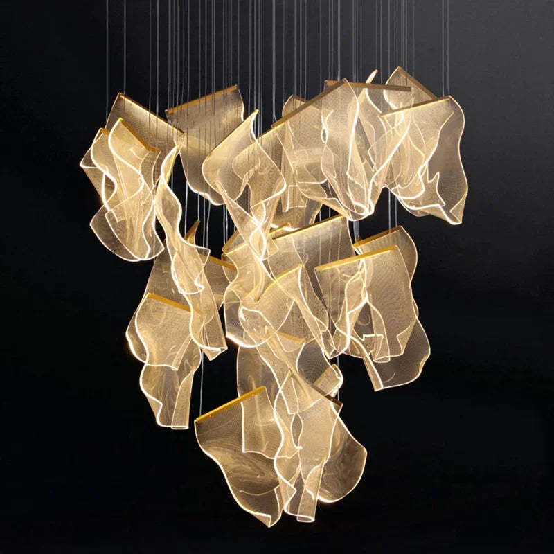 suspension lumineuse contemporaine dorée organique ondulée chaînes suspendues flux lumineux élevé certification rohs ul