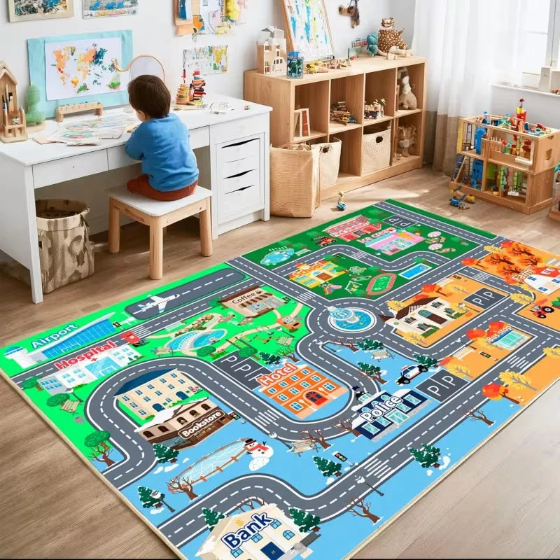 tapis rectangulaire moderne imprimé route animaux vert clair gris blanc rouge bleu jaune extérieur