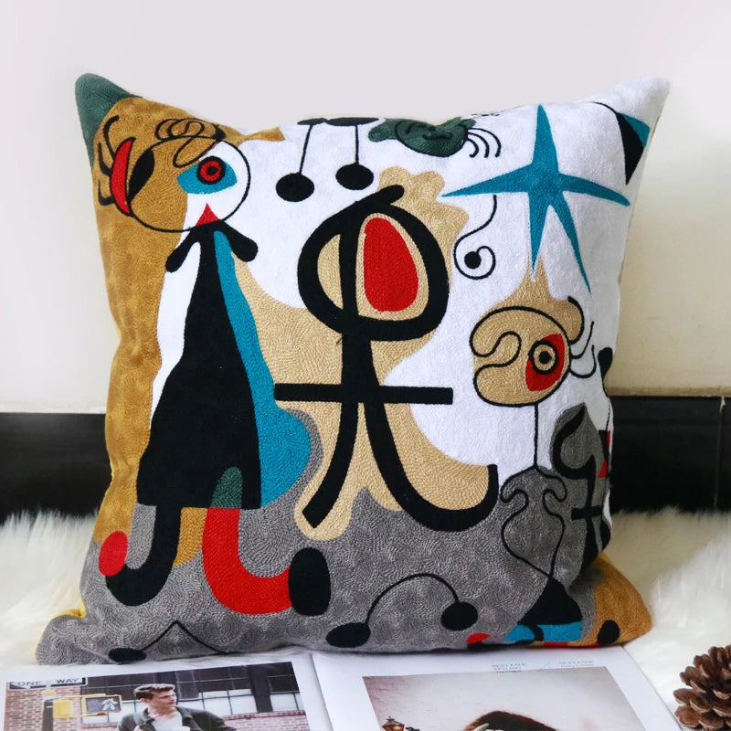 taies d'oreiller multicolores brodées motif abstrait moderne coussin décoratif carré linge coton 45x45cm