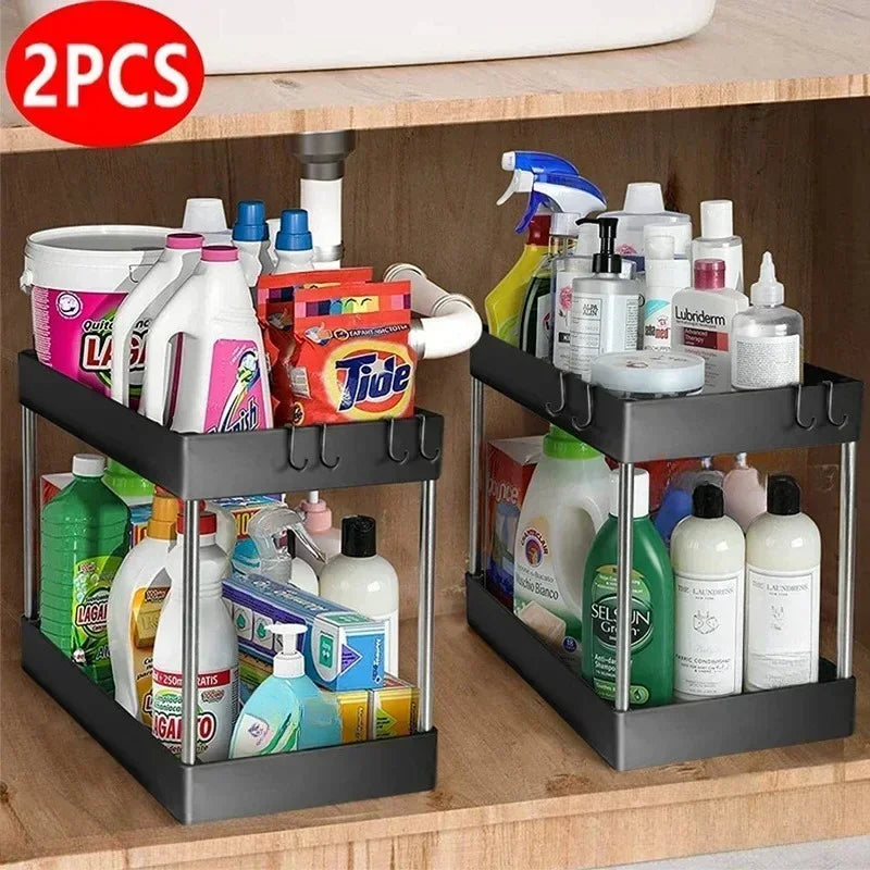 organisateur rangement sous évier noir moderne deux niveaux support métallique rangement bouteilles flacons ménagers