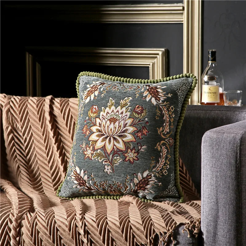 coussin carré floral brodé vintage chenille marron bleu marine élégant zippéversible