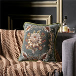 coussin carré floral brodé vintage chenille marron bleu marine élégant zippéversible