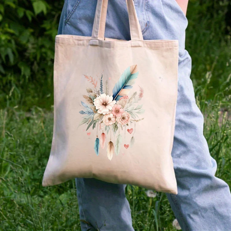sac main toile imprimé floral plumes coeurs boho chic poignées réutilisable environnement beige clair