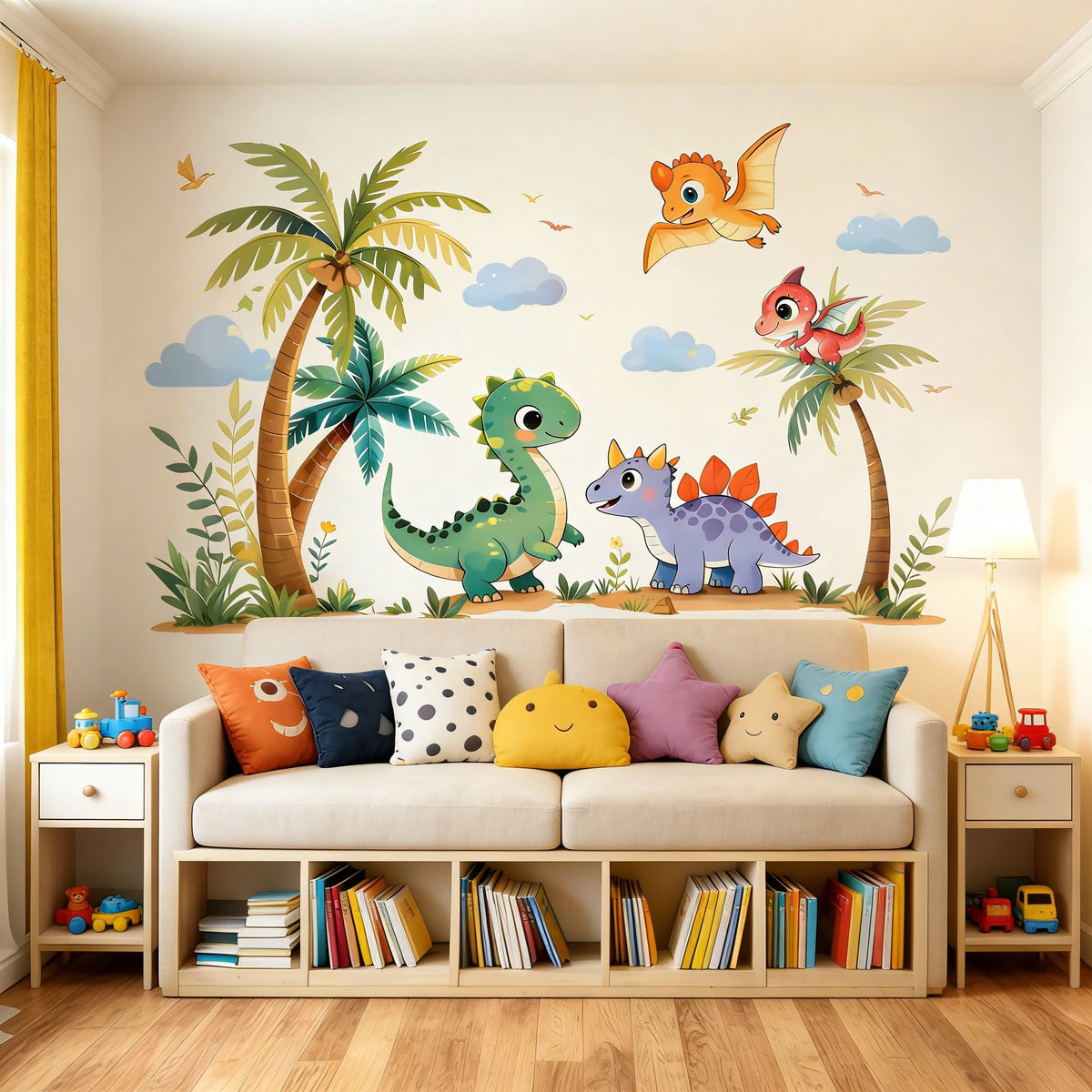 sticker mur dinosaure dessin animé palmier nuage fleur enfant chambre décoration unique