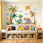 sticker mur dinosaure dessin animé palmier nuage fleur enfant chambre décoration unique