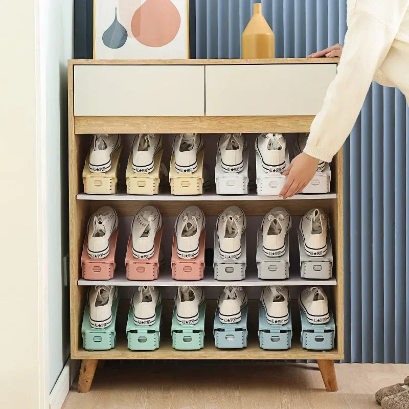 support chaussures moderne perforé blanc rose vert pastel clips réutilisable économiseur d'espace chambre penderie
