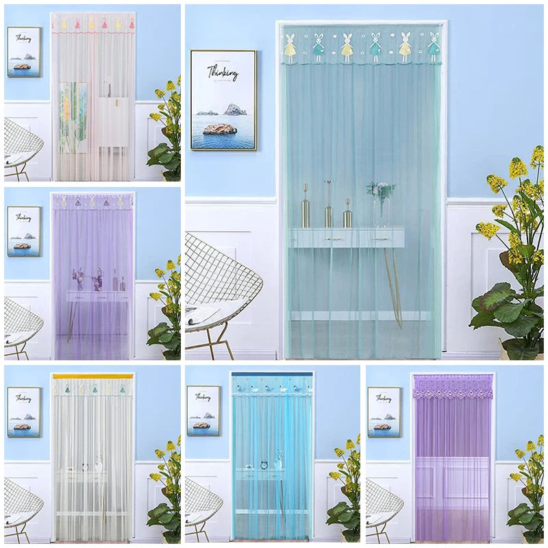rideau moderne transparent rayures vertes bordure brodée élégant anti moustiques porte auto agrippante